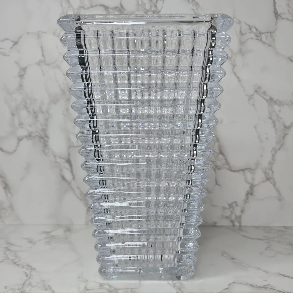 Heavy Clear Crystal Ribbed Tapered Rectangular Vase 10 Inch Modern Decor